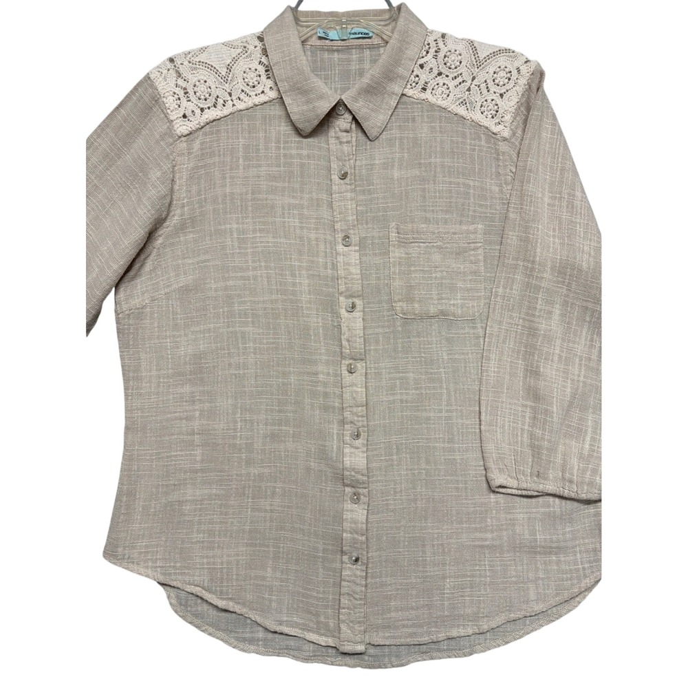 Maurices Womens Beige Lace Shoulder Button Up Shirt 3/4 Sleeve Cotton Top L